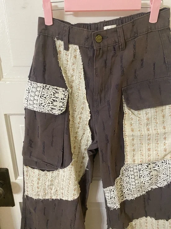 POL Patchwork Lace Cargo Pants Boho Cottagecore Brown Size S 100% Cotton - Picture 3 of 7